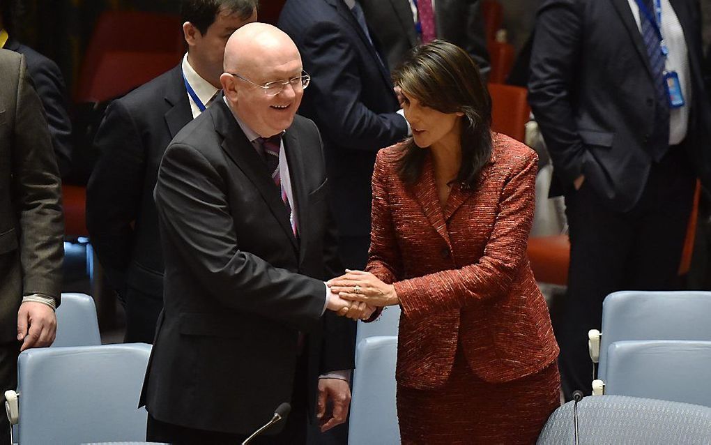 Vassily Nebenzia en Nikki Haley. beeld AFP