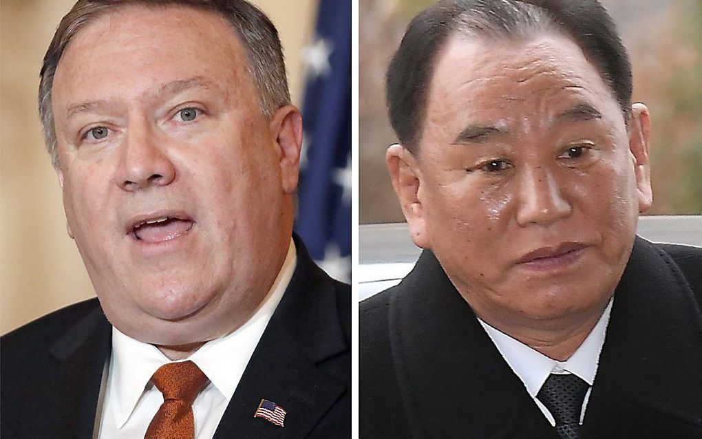 Mike Pompeo (l.) en Kim Yong-chol. beeld EPA