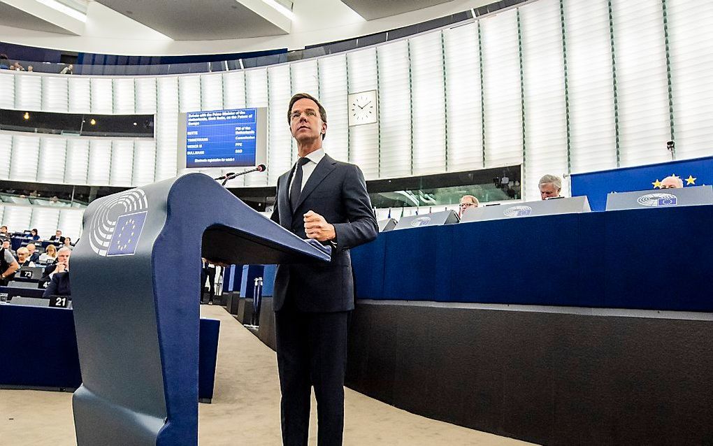 Minister-president Mark Rutte tijdens zijn toespraak in het Europees Parlement over de Nederlandse visie op de toekomst van de Europese Unie. beeld ANP