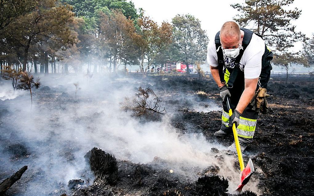 Brandweerlieden blussen na bij de natuurbrand bij het Drentse Wateren. Na een grote heidebrand werd in augstus 2018 zo'n 75 hectare heide zwartgeblakerd. beeld ANP