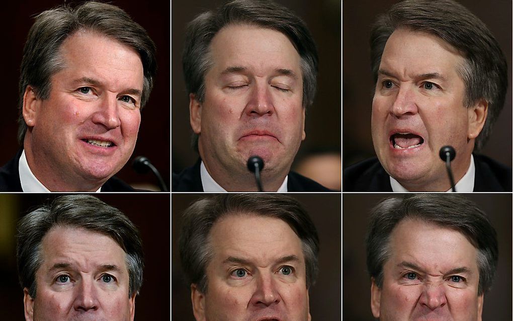 Kavanaugh is in opspraak gekomen door beschuldigingen van seksueel grensoverschrijdend gedrag tijdens zijn tienerjaren. Zes gezichtsuitdrukkingen van Kavanaugh tijdens de hoorzitting. beeld AFP