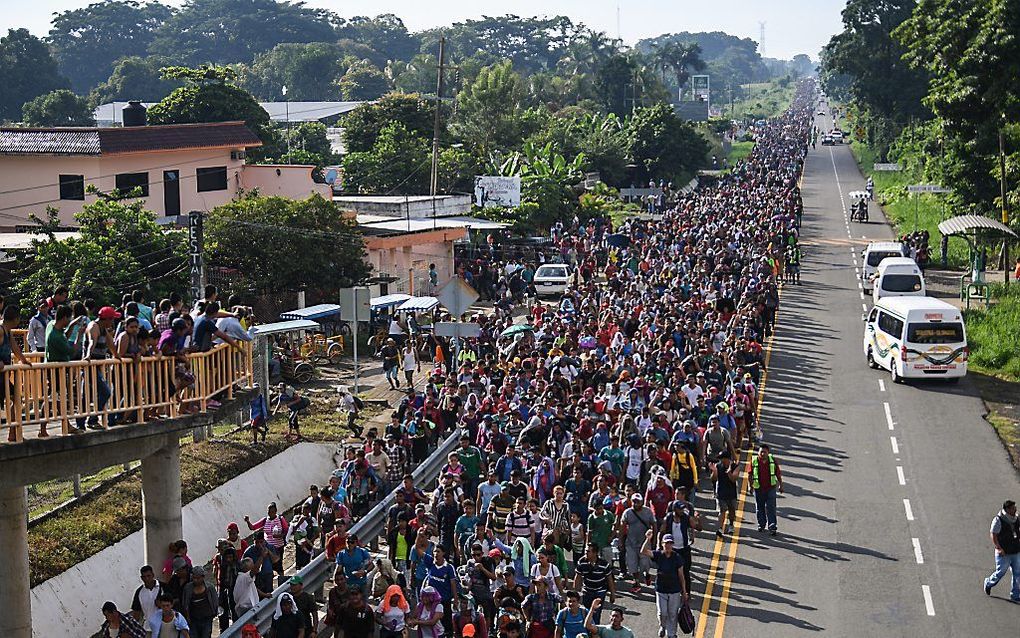 Enkele duizenden vooral Hondurese migranten komen in de Mexicaanse grensstad Tapachula aan na een voettocht vanaf de Guatemalteekse grens. beeld AFP