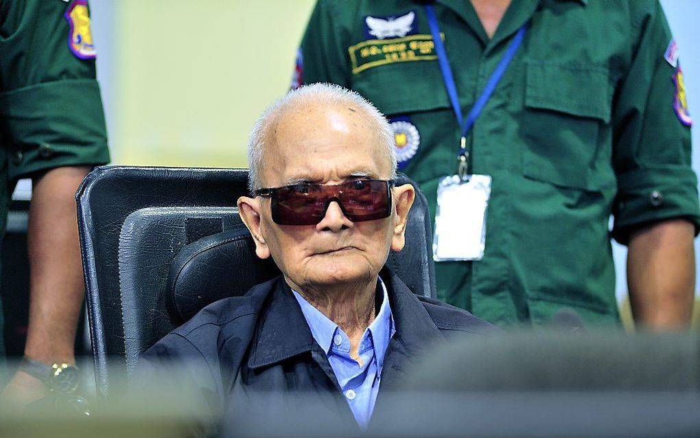 Voormalig leider van de Rode Khmer Nuon Chea in 2018. beeld AFP