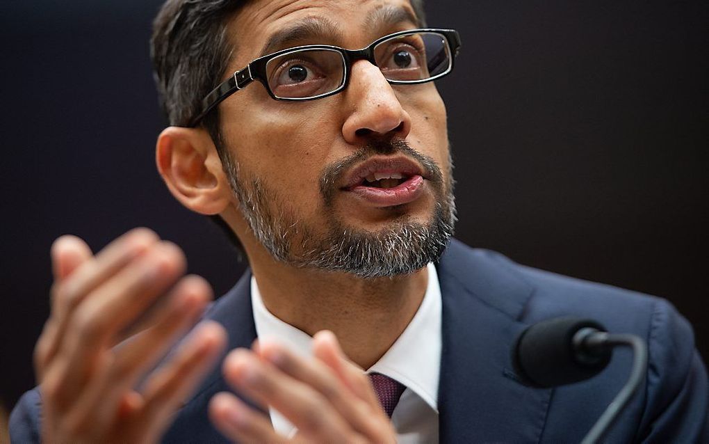 Google-topman Sundar Pichai op een hoorzitting in het Amerikaanse Congres. beeld AFP