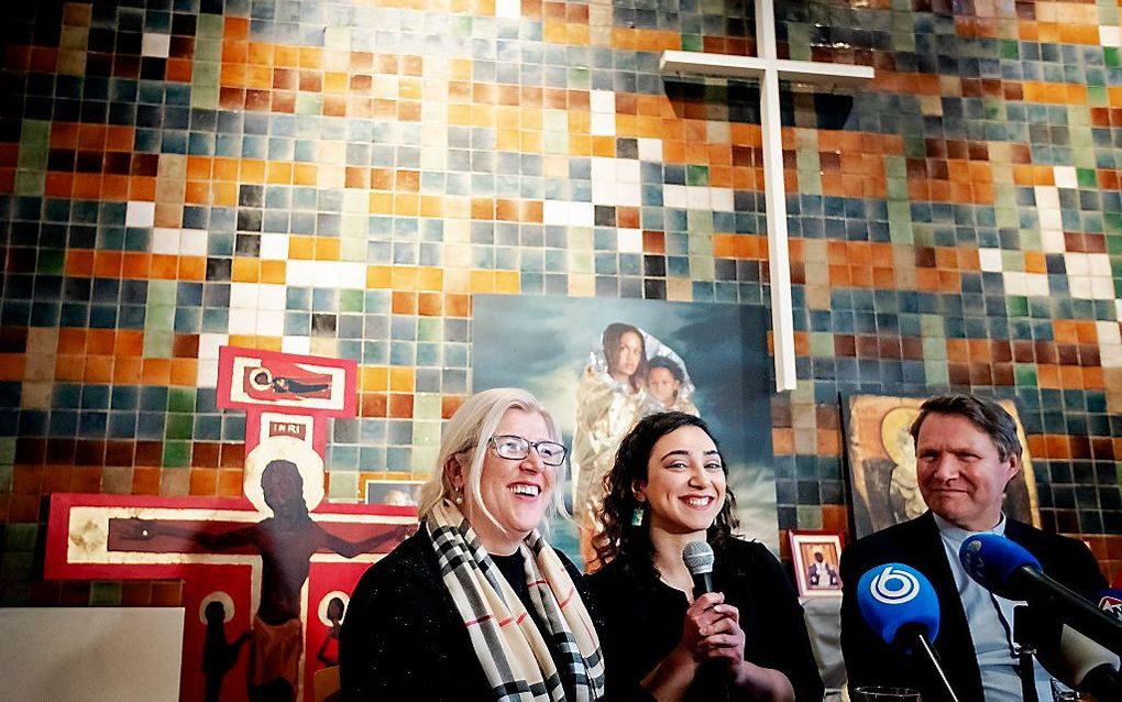 De Armeense Hayarpi Tamrazyan tijdens een persconferentie in de Bethelkerk in Den Haag. beeld ANP