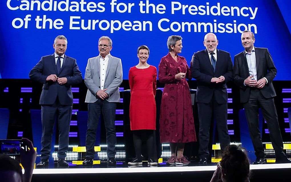 De kandidaten voor het voorzitterschap van de Europese Commissie tijdens een verkiezingsdebat op 15 mei. beeld AFP, Aris Oikonomou