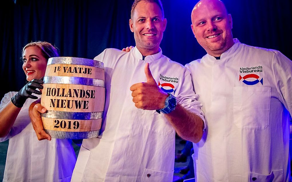 Een keurmeester keurt haringen op de Visafslag voorafgaand aan de veiling van het eerste vaatje Hollandse Nieuwe, de traditionele start van het haringseizoen. beeld ANP