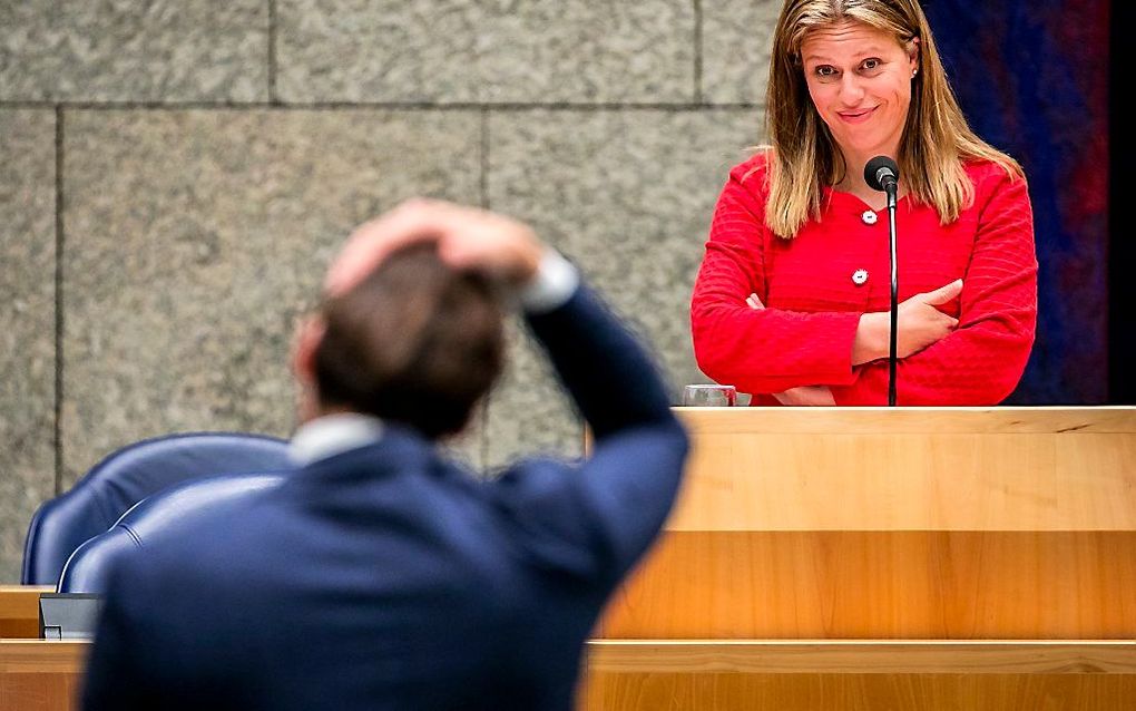 Carola Schouten, minister van Landbouw, Natuur en Voedselkwaliteit, in debat met Thierry Baudet (FvD) tijdens het debat met de Tweede Kamer over de aanpak van de stikstofproblematiek. beeld ANP