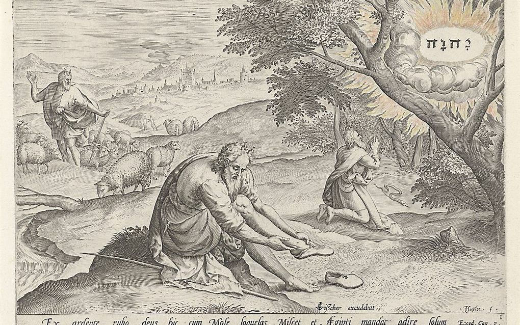 „Jezus vereenzelvigt Zichzelf met de spreker in het brandende braambos.”  beeld: "God verschijnt aan Mozes in het brandende braambos", Johann Sadeler, naar Marten van Cleve, 1579 (Rijksmuseum)