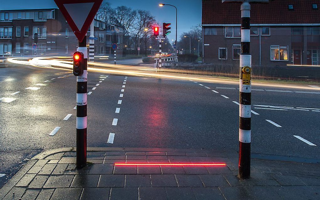 De lichtlijn is met name bedoeld om notoire smartphonegebruikers veilig te helpen oversteken. beeld gemeente Bodegraven-Reeuwijk