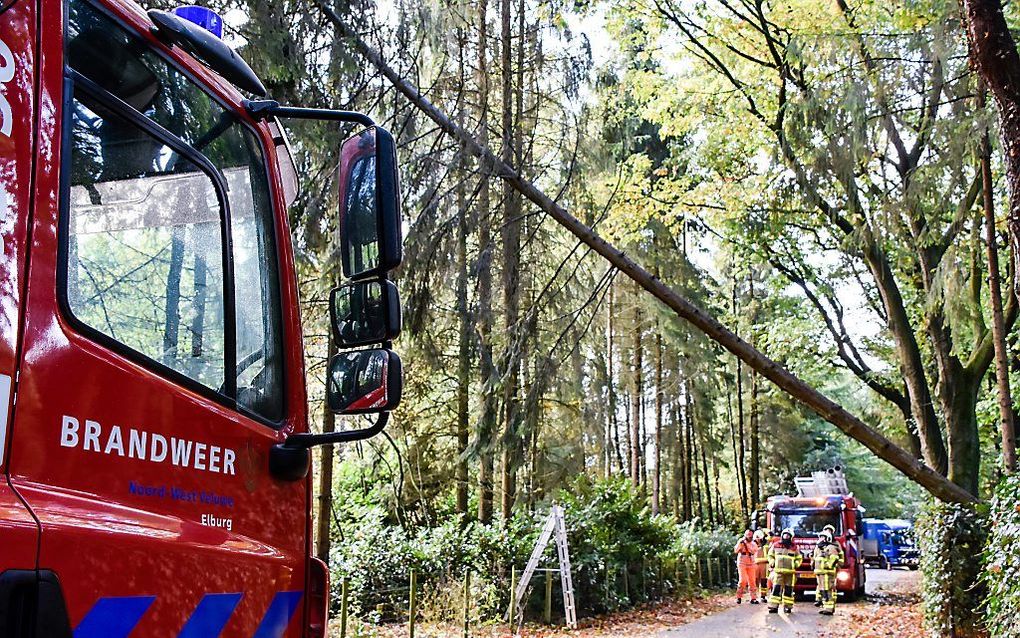 Hoogwerker brandweer Elburg assisteert bij weghalen van bomen door storm in Epe.  beeld Floris Kayim