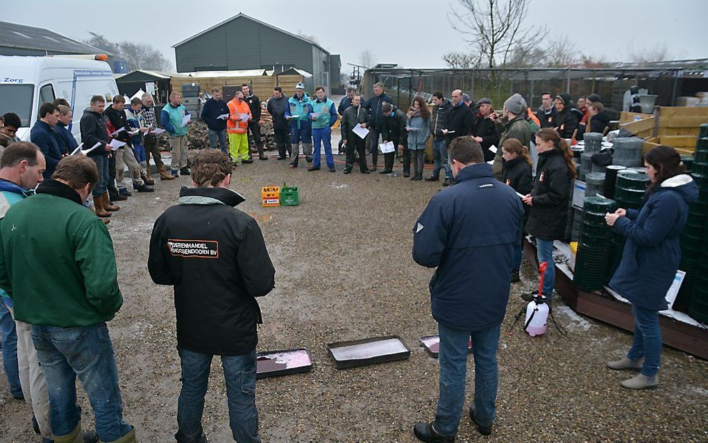 Op het erf van de door vogelgriep getroffen dierenhandel Hoogendoorn in Stolwijk werd zaterdagmiddag gezongen. beeld Wim de Jongste