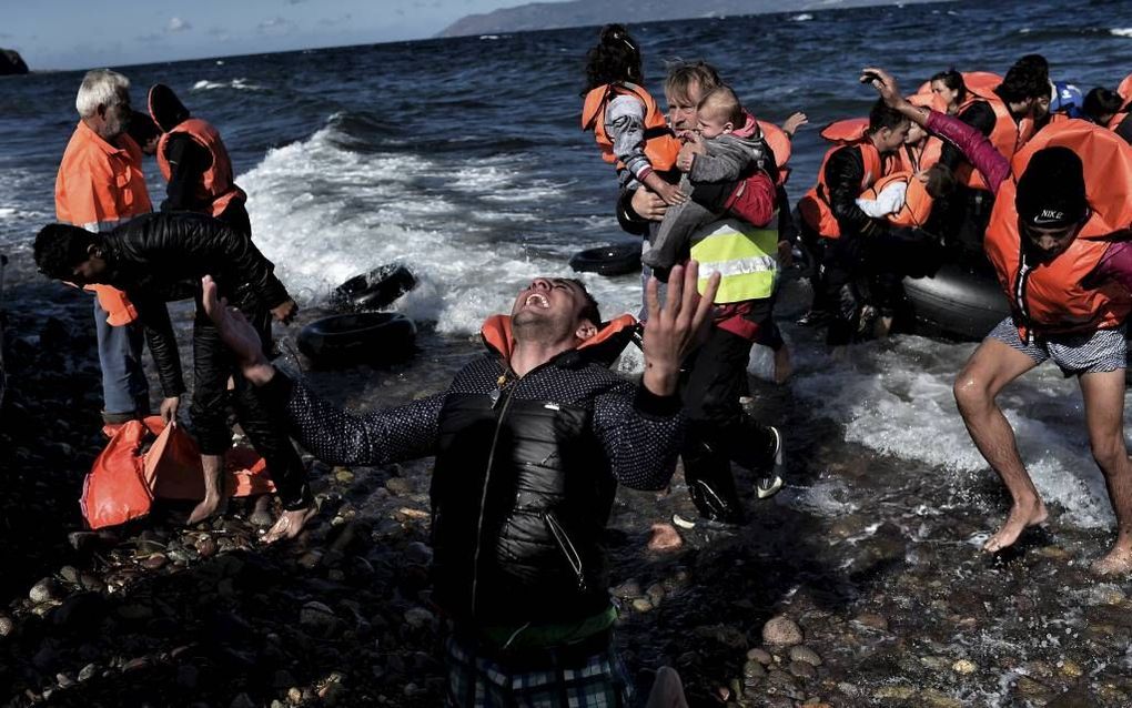 Aankomst van een groep bootvluchtelingen op Lesbos. beeld AFP