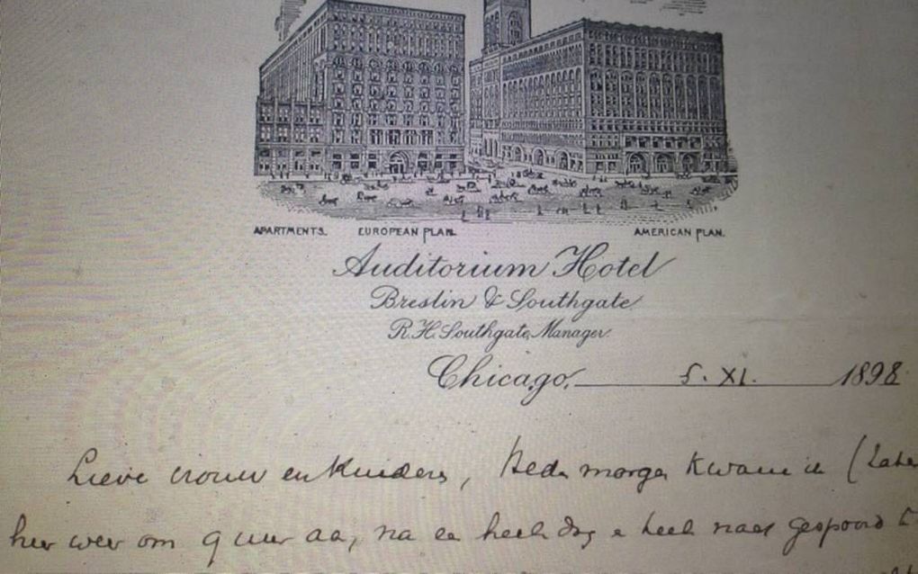 CHICAGO. Kuyper verbleef in Chicago in het Auditorium Hotel, op een kamer met prachtig uitzicht over Lake Michigan. Hij schreef er een brief naar zijn vrouw in Nederland.   beeld Historisch Documentatiecentrum