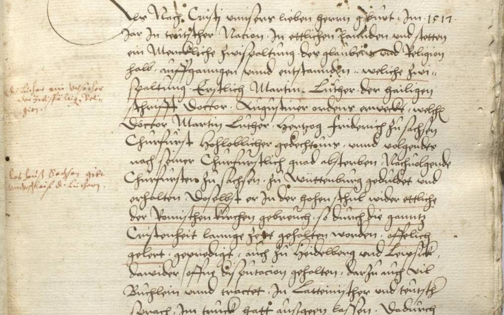 De eerste bladzijde van een handschrift uit 1535 dat de geschiedenis van de Reformatie beschrijft. Het manuscript is de oudste bekende beschrijving van de Reformatie.  beeld EPD