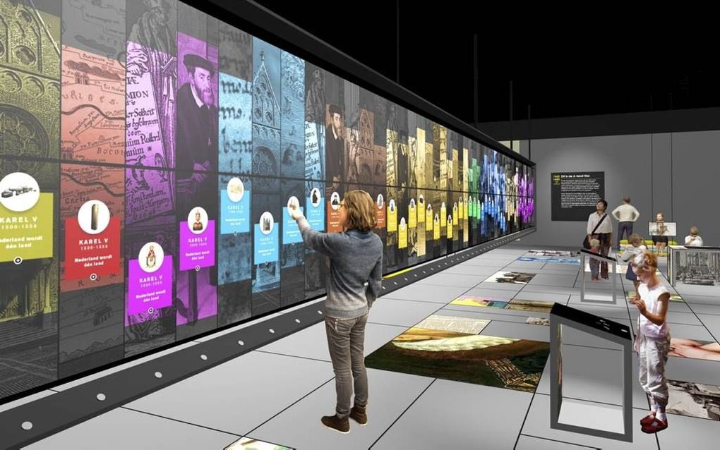 Impressie van de zaal in het Nederlands Openluchtmuseum waarin de Canon van Nederland op een interactieve manier wordt aangeboden. beeld Nederlands Openlucht Museum