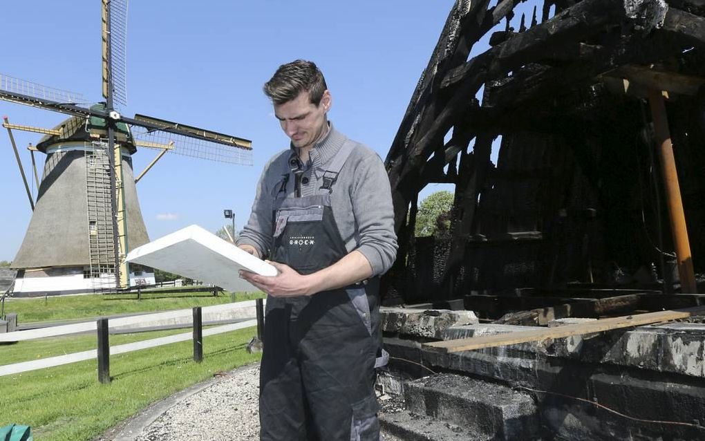 Erfgoedexpert Lennart van der Torren inspecteert vlak voor de Nationale Molendag, vandaag, de afgebrande Buitenwegse molen (1830) in Oud-Zuilen. Op de achtergrond de Westbroekse molen. beeld VidiPhoto