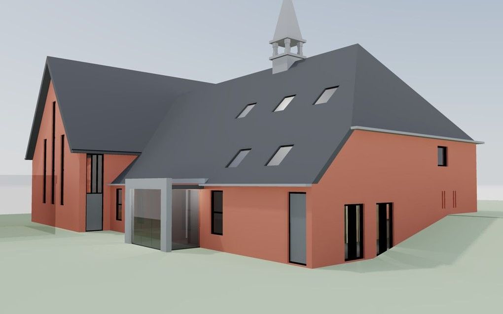 GENEMUIDEN – Een 3D-impressie van de christelijke gereformeerde kerk te Genemuiden zoals deze er na voltooiing van de bouwwerkzaamheden uit moet komen te zien. Beeld cgk Genemuiden