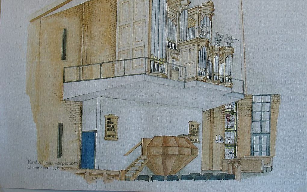 Tekening door Henk van der Luyt van het orgel in de Immanuëlkerk van Urk. Beeld Kaat en Tijhuis