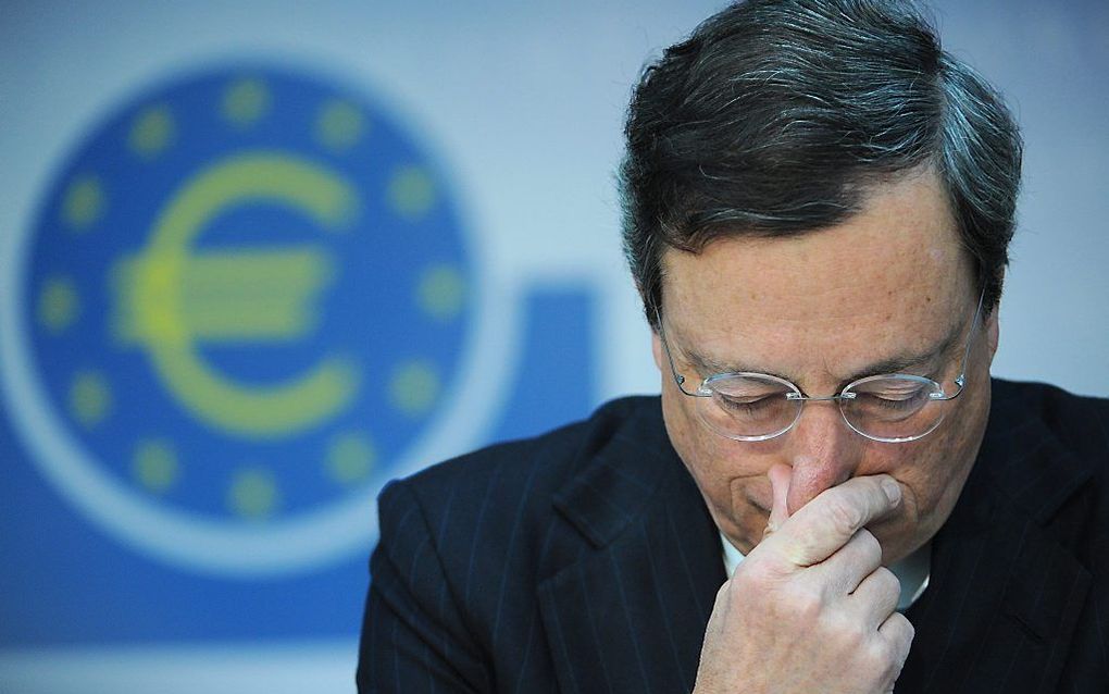 Draghi donderdag tijdens de persconferentie. Foto EPA