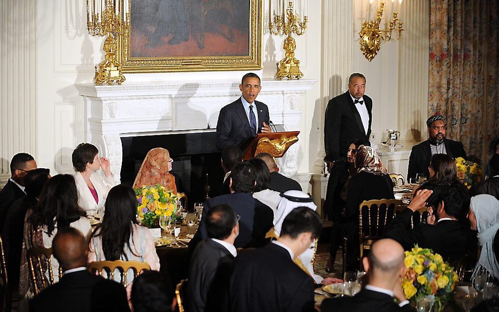 De Amerikaanse president Obama houdt een toespraak tijdens de iftarmaaltijd in het Witte Huis. Foto EPA