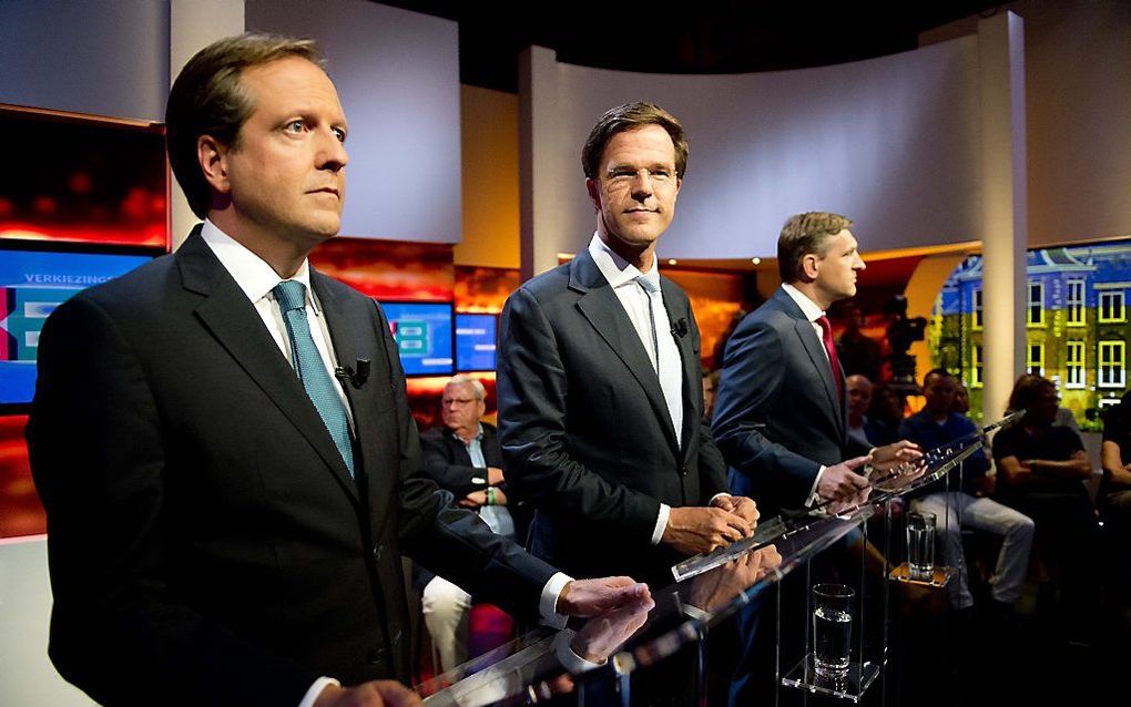 Pechtold (L), Rutte (M) en Van Haersma Buma (R). Foto ANP