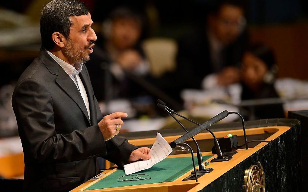 De Iraanse president Mahmoud Ahmadinejad maandag op een bijeenkomst in het hoofdkwartier van de VN. Foto EPA