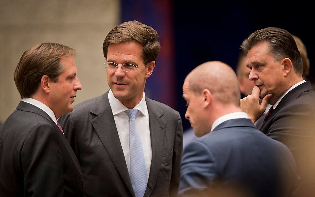 (V.l.n.r.) Pechtold, Rutte, Samsom en Roemer. Foto ANP