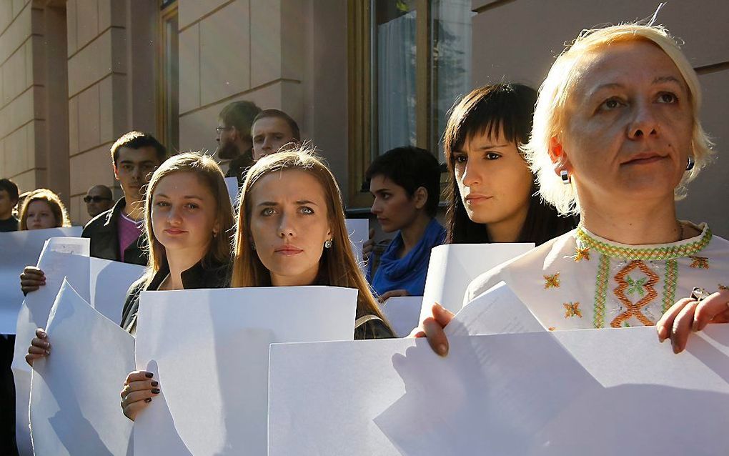 Protest maandag van journalisten in Kiev tegen het inperken van de journalistieke vrijheid. Foto EPA