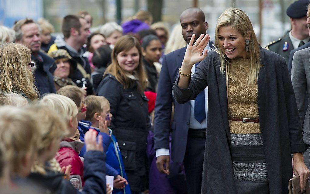 Prinses Máxima komt aan bij de Prins Mauritsschool in Rijswijk voor de aftrap voor de 'Week van het geld'. Foto ANP