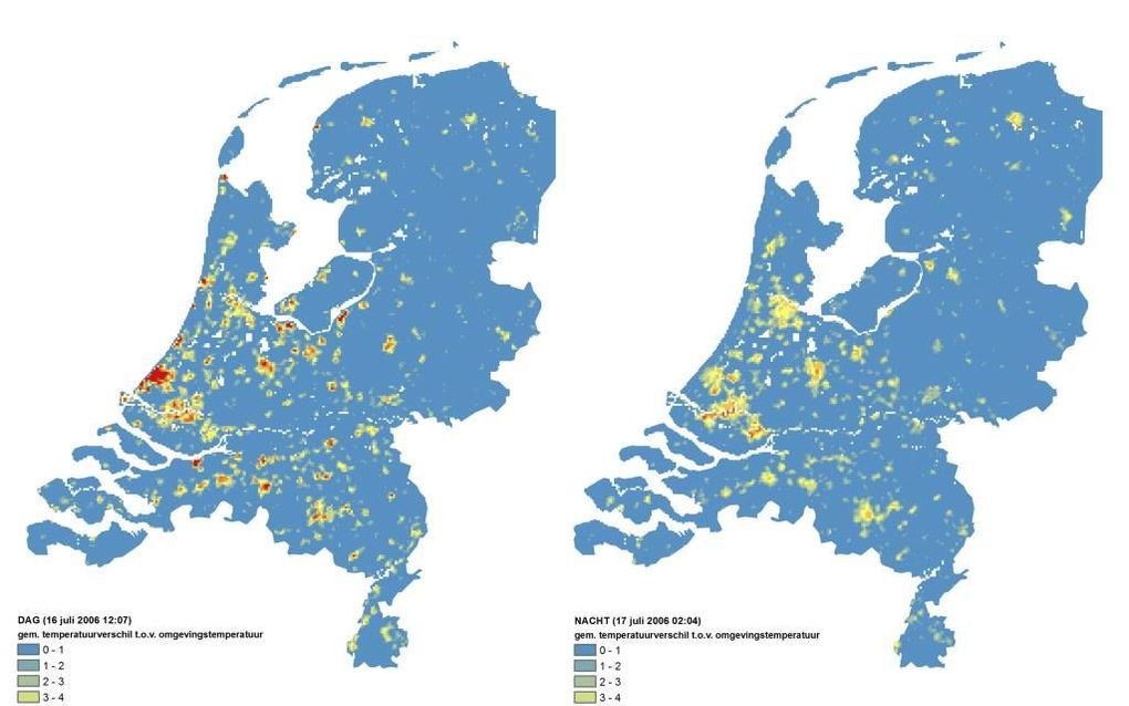 Satellietbeelden van het warmte-eilandeffect van de Nederlandse steden zowel overdag en ’s nachts. Foto TNO