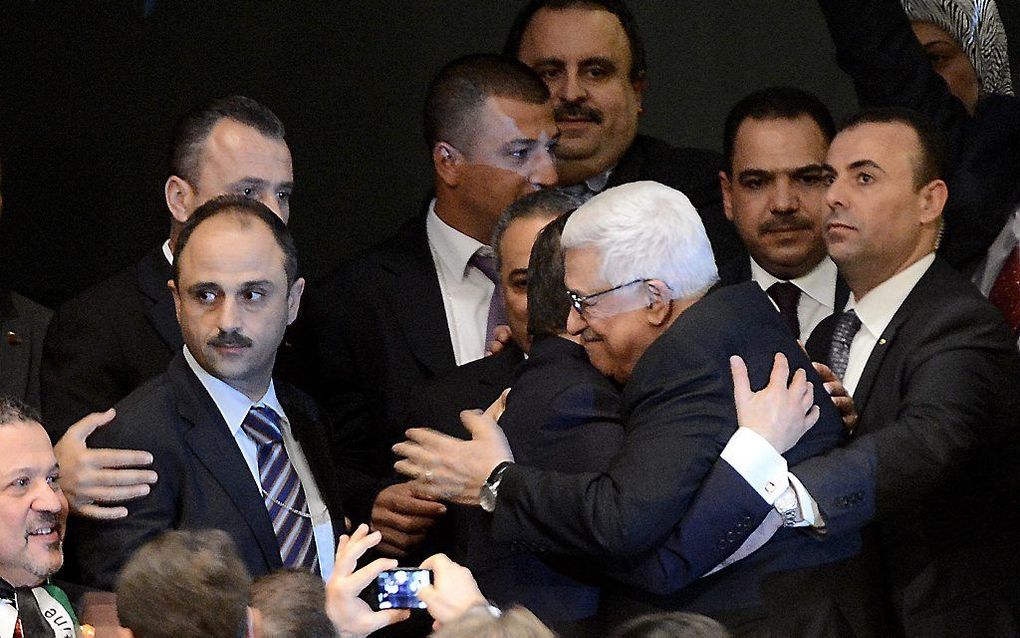 De Palestijnse delegatie na de stemming. Foto EPA