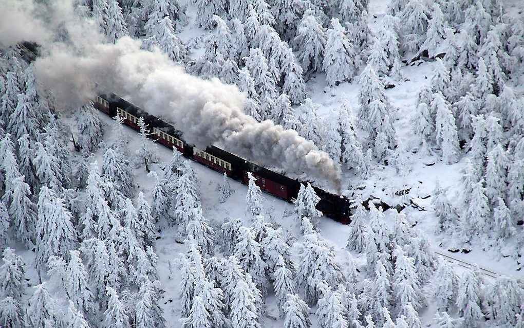 Een trein van de Brockenbahn zaterdag in het Harzgebergte in Duitsland. Foto EPA