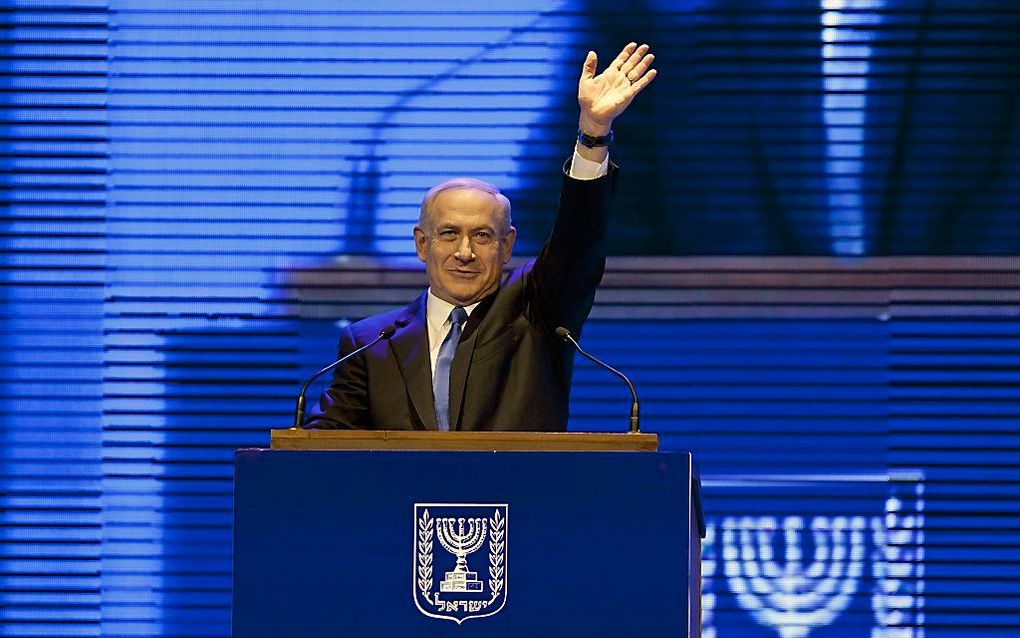 De Israëlische premier Netanyahu dinsdag bij de start van de verkiezingscampagne van zijn partij. Foto EPA