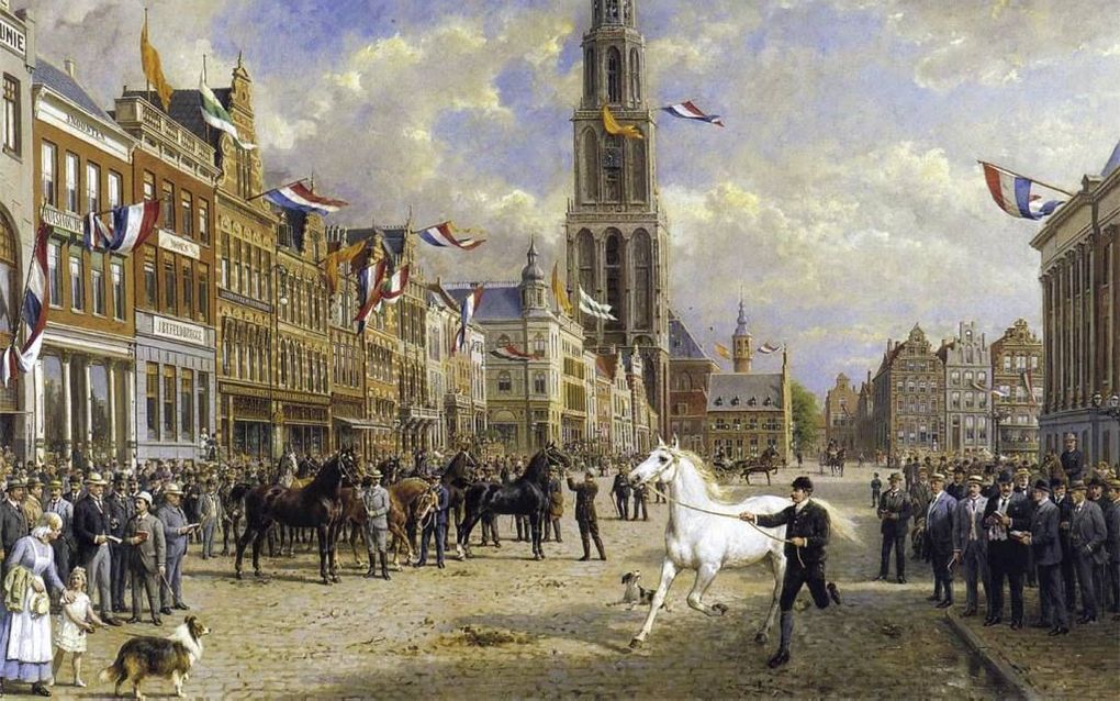 De paardenkeuring op de Grote Markt op 28 augustus 1920. Eerelman schilderde het werk in zijn tachtigste levensjaar. Foto Scriptum Art