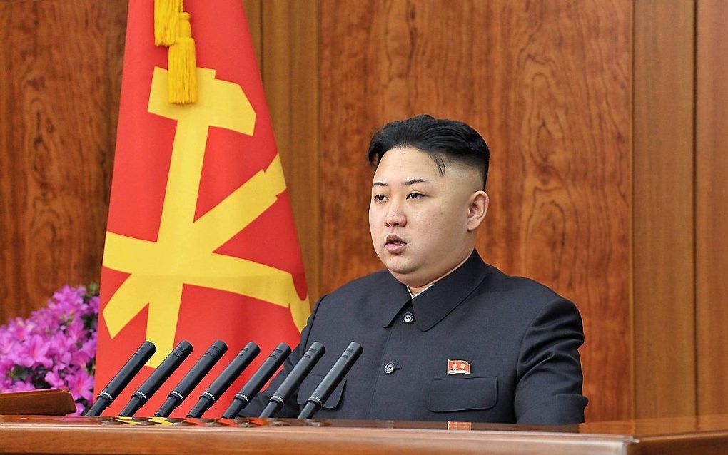 Kim Jong Un tijdens zijn toespraak. Foto EPA