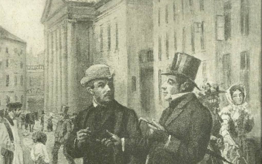 Schilderij van Luplau Janssen waarop Kierkegaard (r.) in gesprek is met Lorens Frölich voor Kierkegaards woning aan de Nytorv. Foto Luplau Janssen