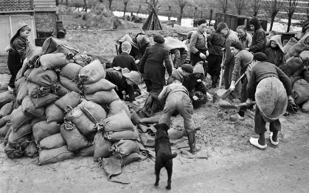 Schoolkinderen stapelen zandzakken in Arnemuiden, januari 1953. Foto ANP