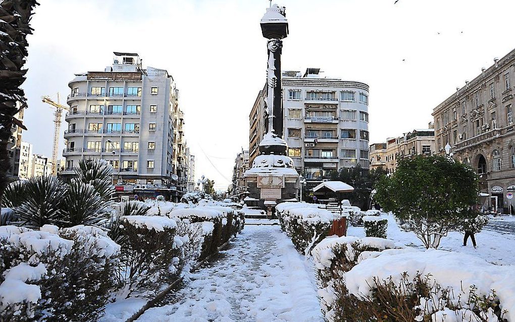 Sneeuw in Damascus, afgelopen week. Foto EPA