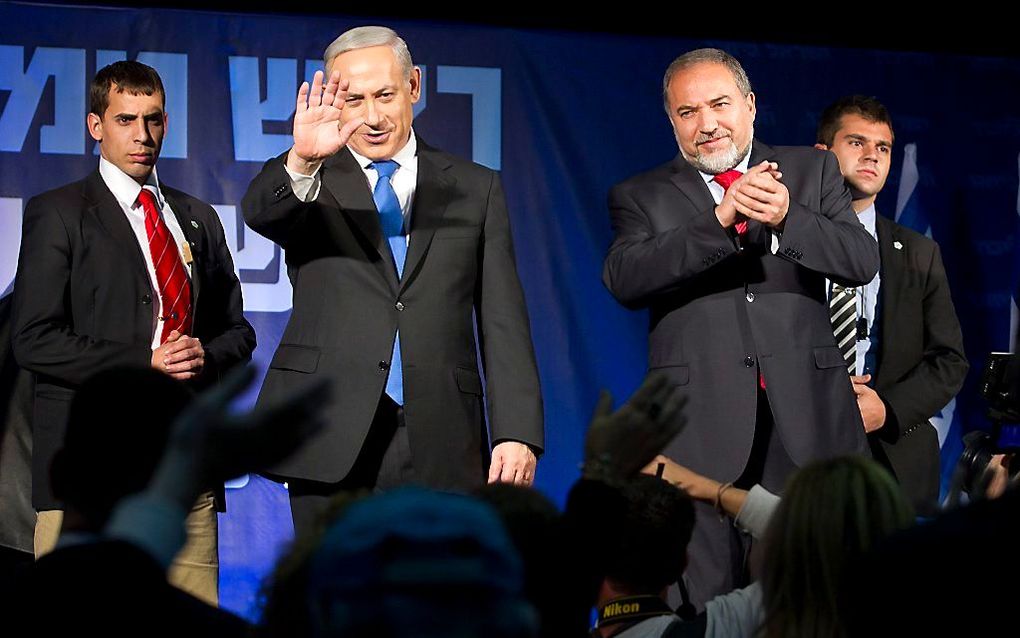 Netanyahu tijdens zijn overwinningsspeech. Foto EPA