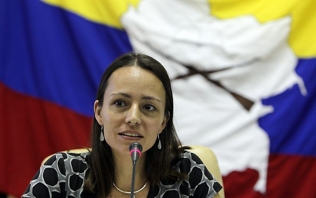 Tanja Nijmeijer tijdens een persconferentie in Havana.  Foto EPA