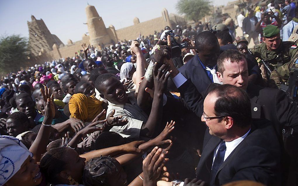 De Franse president Hollande zaterdag in Timboektoe. Foto EPA