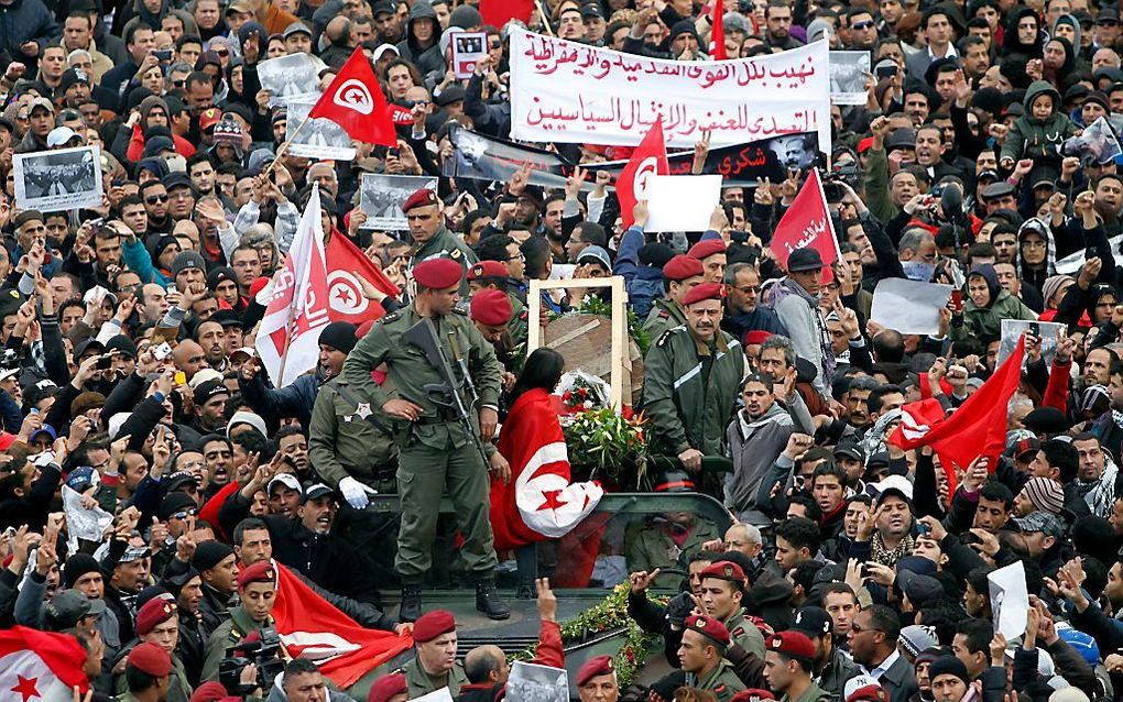 Protest tegen kandidaatstelling Ali Larayedh als premier.  Foto EPA