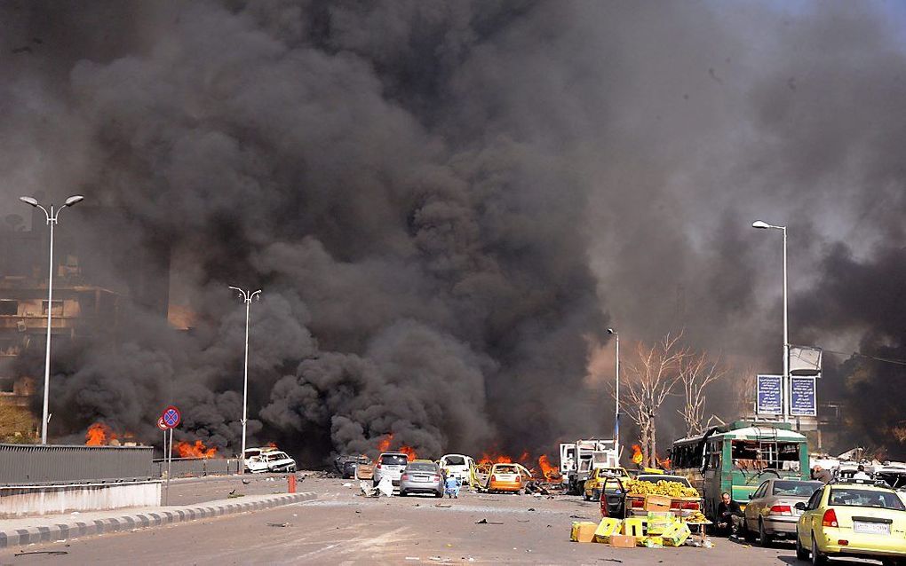 Een bomauto explodeerde donderdag in het centrum van Damascus. Foto EPA