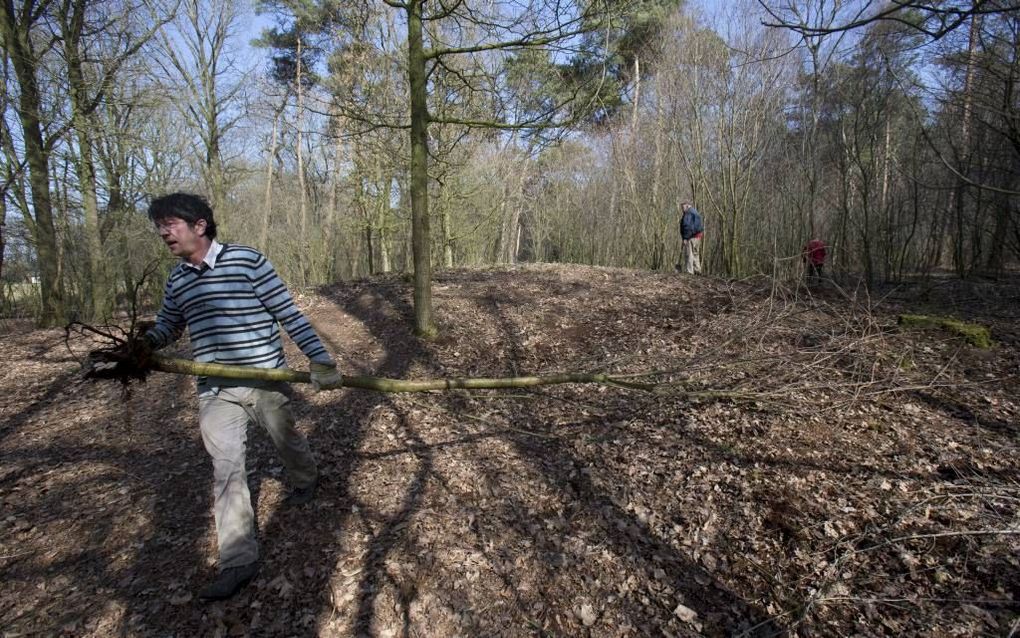 Vrijwilligers van de Archeologiewacht Ede verwijderden zaterdag wilde aangroei op een grafheuvel bij de Goorsteeg in Lunteren. Foto Herman Stöver