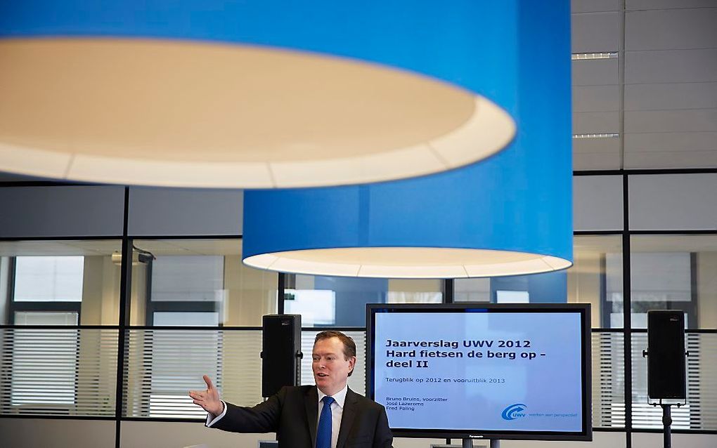 UWV-voorzitter Bruno Bruins presenteert het jaarverslag op het Werkplein in Den Haag-Zuid. Foto ANP