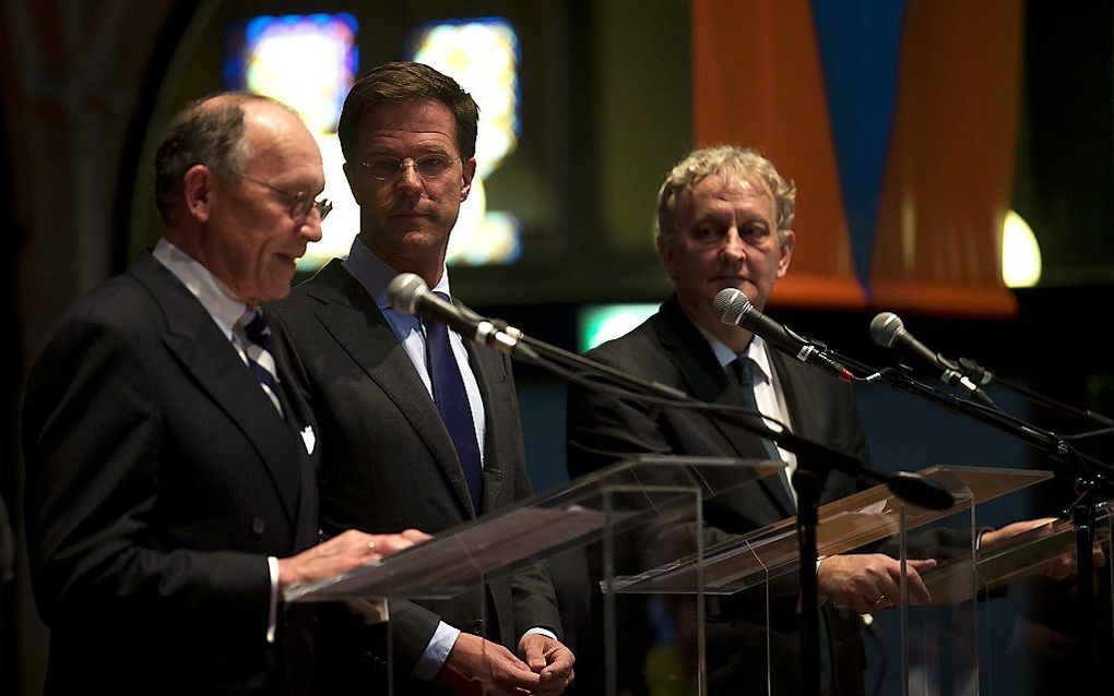 AMSTERDAM - Minister President Mark Rutte, Kamervoorzitter Fred de Graaf en burgemeester Eberhard van der Laan geven laatste toelichting op troonswisseling in de Beurs van Berlage. ANP