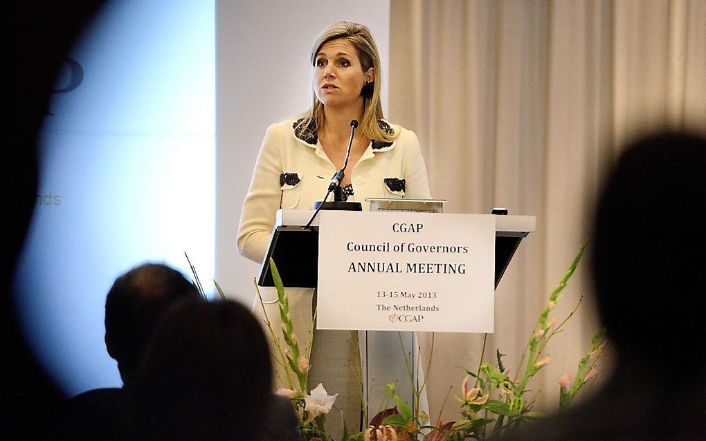 Koningin Maxima spreekt tijdens de jaarlijkse internationale bijeenkomst van de CGAP. Foto ANP