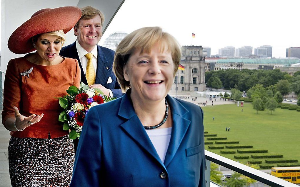 Een vrolijk moment. De Duitse bondskanselier Angela Merkel, koningin Máxima en koning Willem-Alexander in Berlijn. Foto ANP