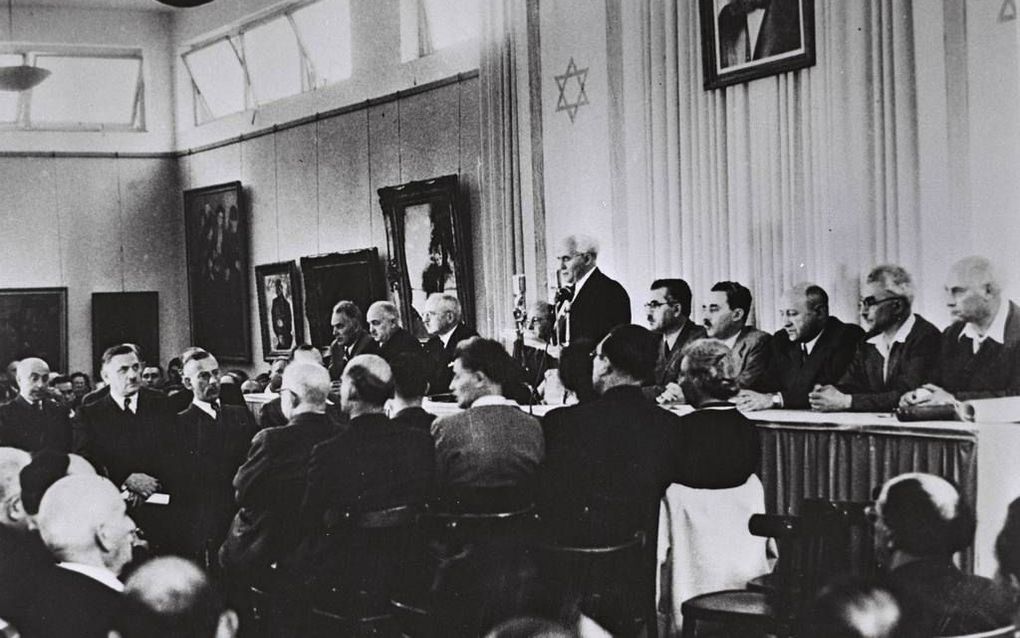 Op 14 mei 1948 riep David Ben Gurion in Tel Aviv de staat Israël uit. Shulamit Tsur was erbij. „We dansten, sprongen en huilden.” Foto EPA